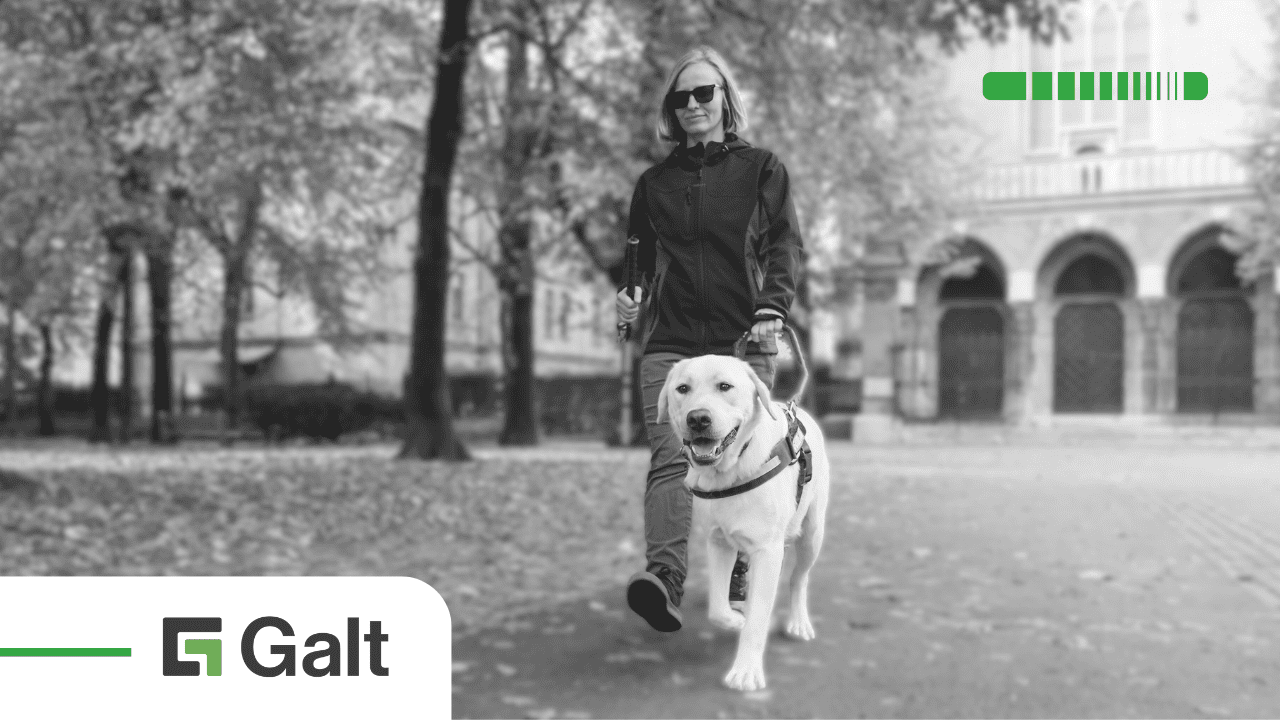 A person with blindness walking with a service dog, promoting workplace visibility for people with disabilities; the Galt logo is at the bottom right.