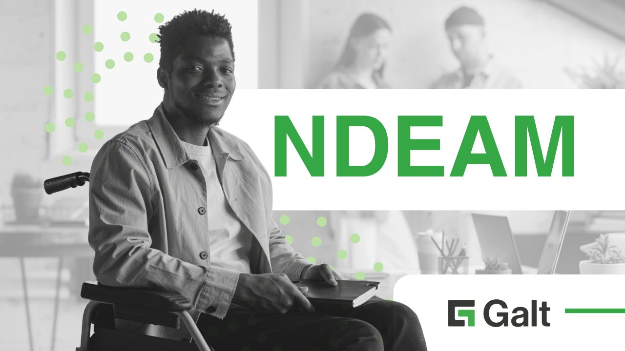 A professional with a disability sits in a wheelchair, smiling at the camera beside the text “NDEAM” and the Galt logo in the lower left corner